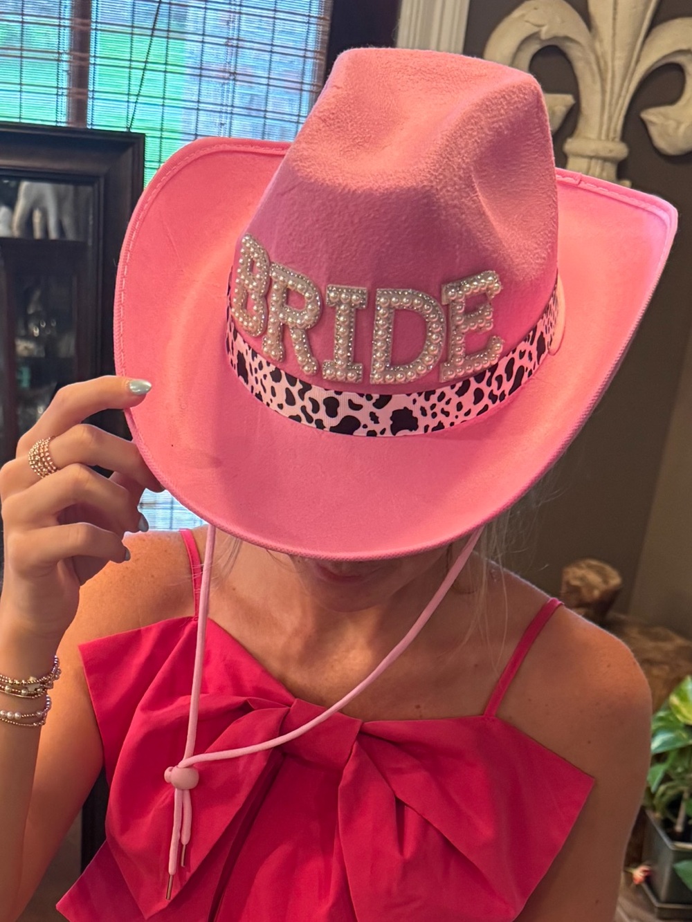 Hot Pink Bride Cowboy Hat with Rhinestone Letters